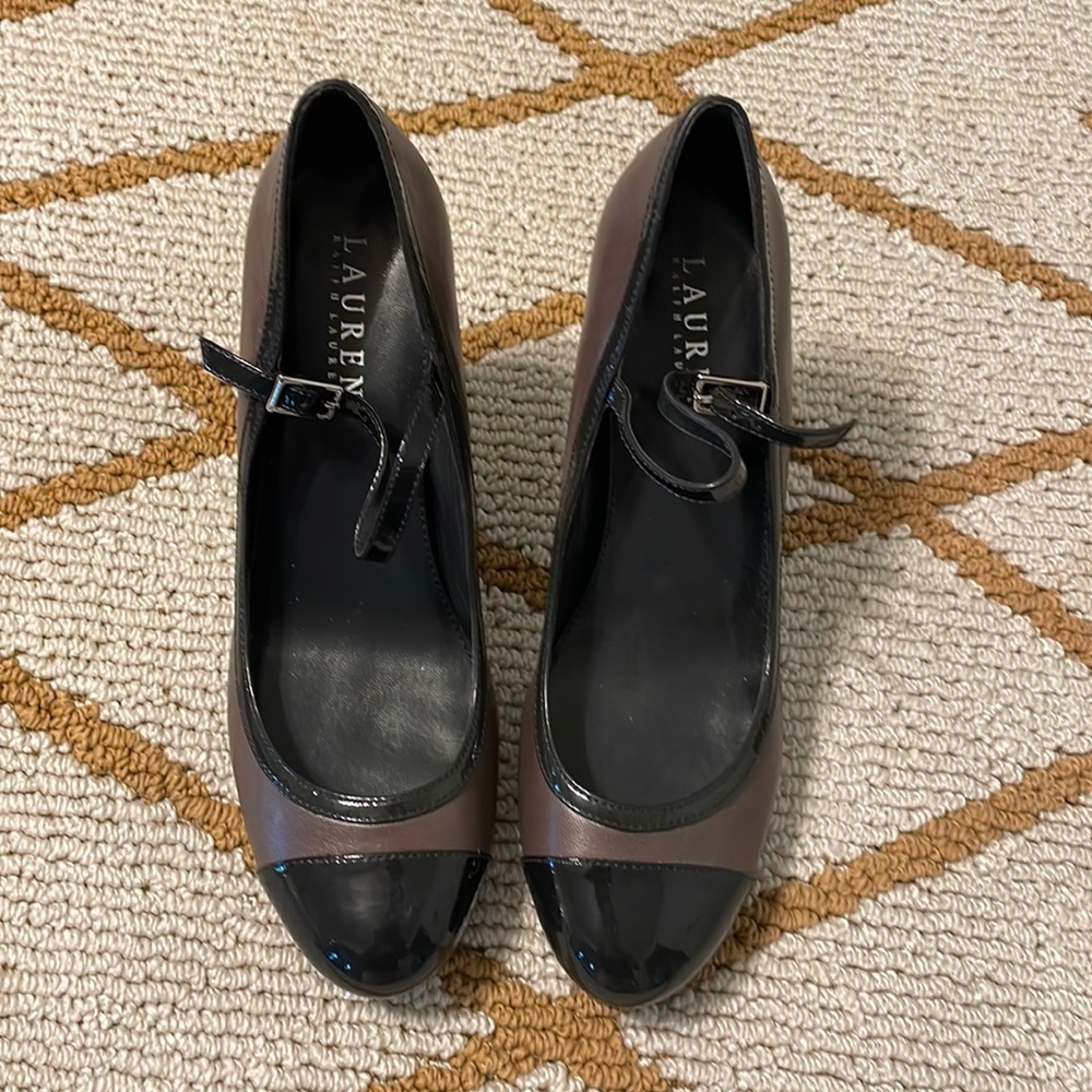 Ralph Lauren leather Navy blue patent leather and grey high heels